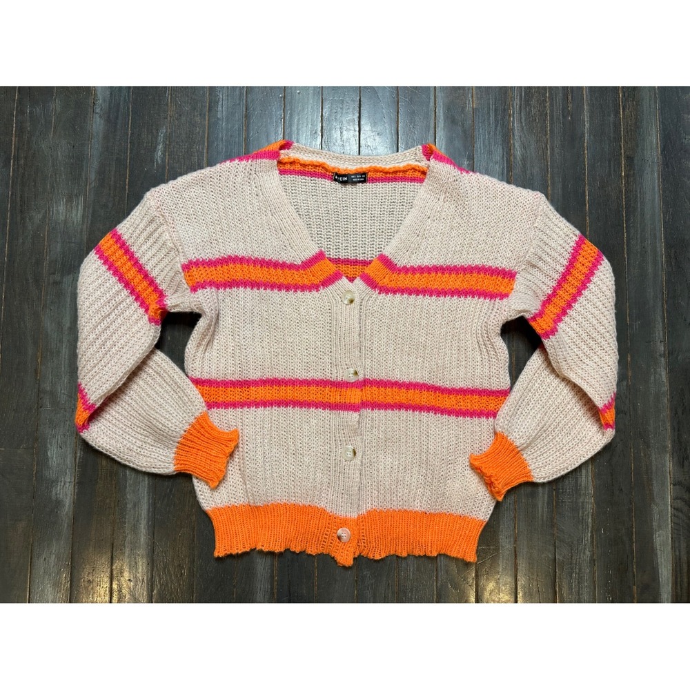 Shein Womens Striped Knit Cardigan Sweater Orange Pink Cream